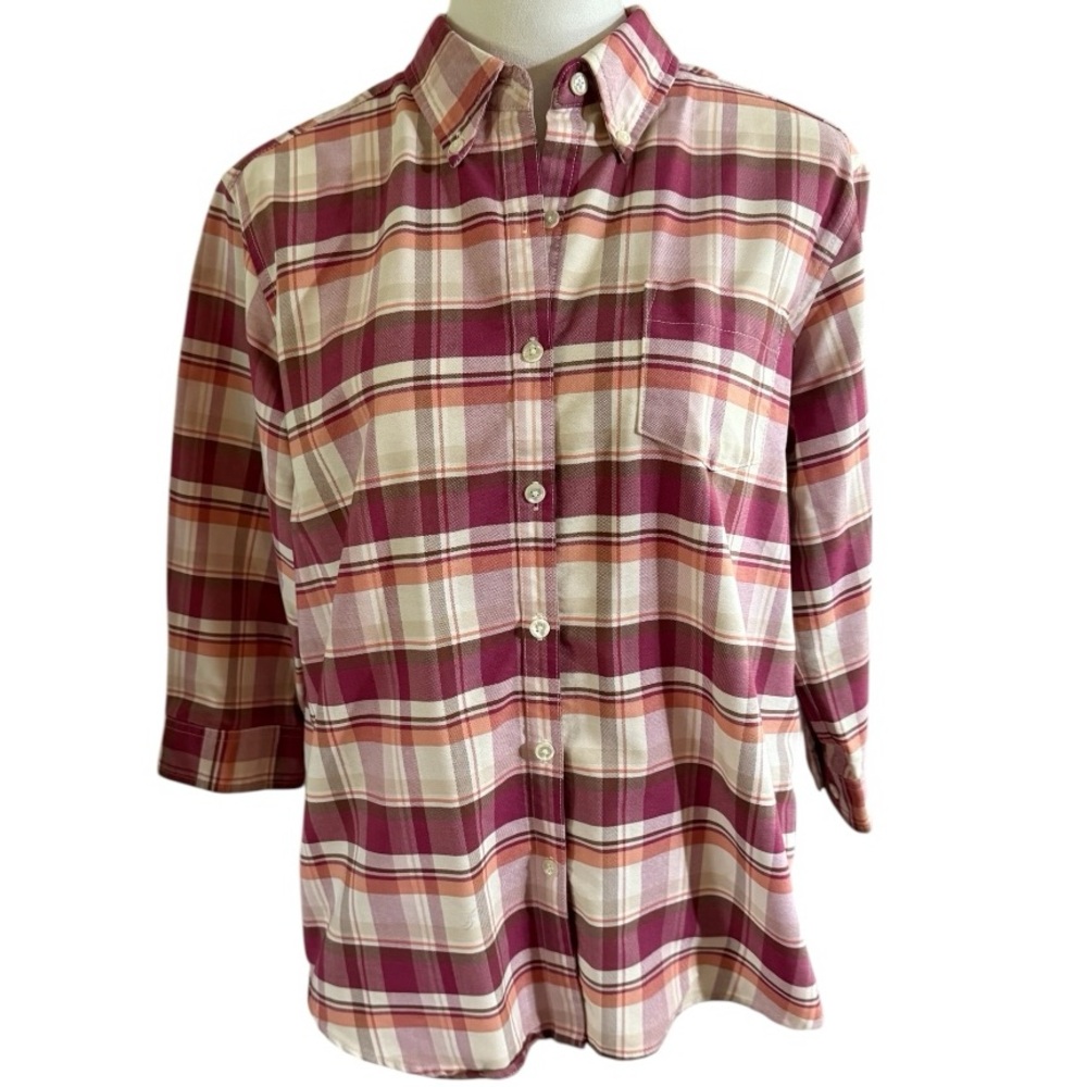 Cabin Creek Women’s Maroon Plaid Button-Up Wrinkle Free Shirt. 3/4 sleeves